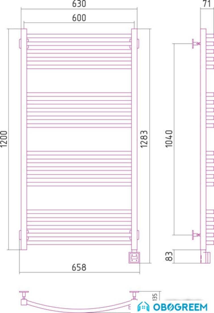 Полотенцесушитель Сунержа Аркус 1200x600 правый, скрытое подключение