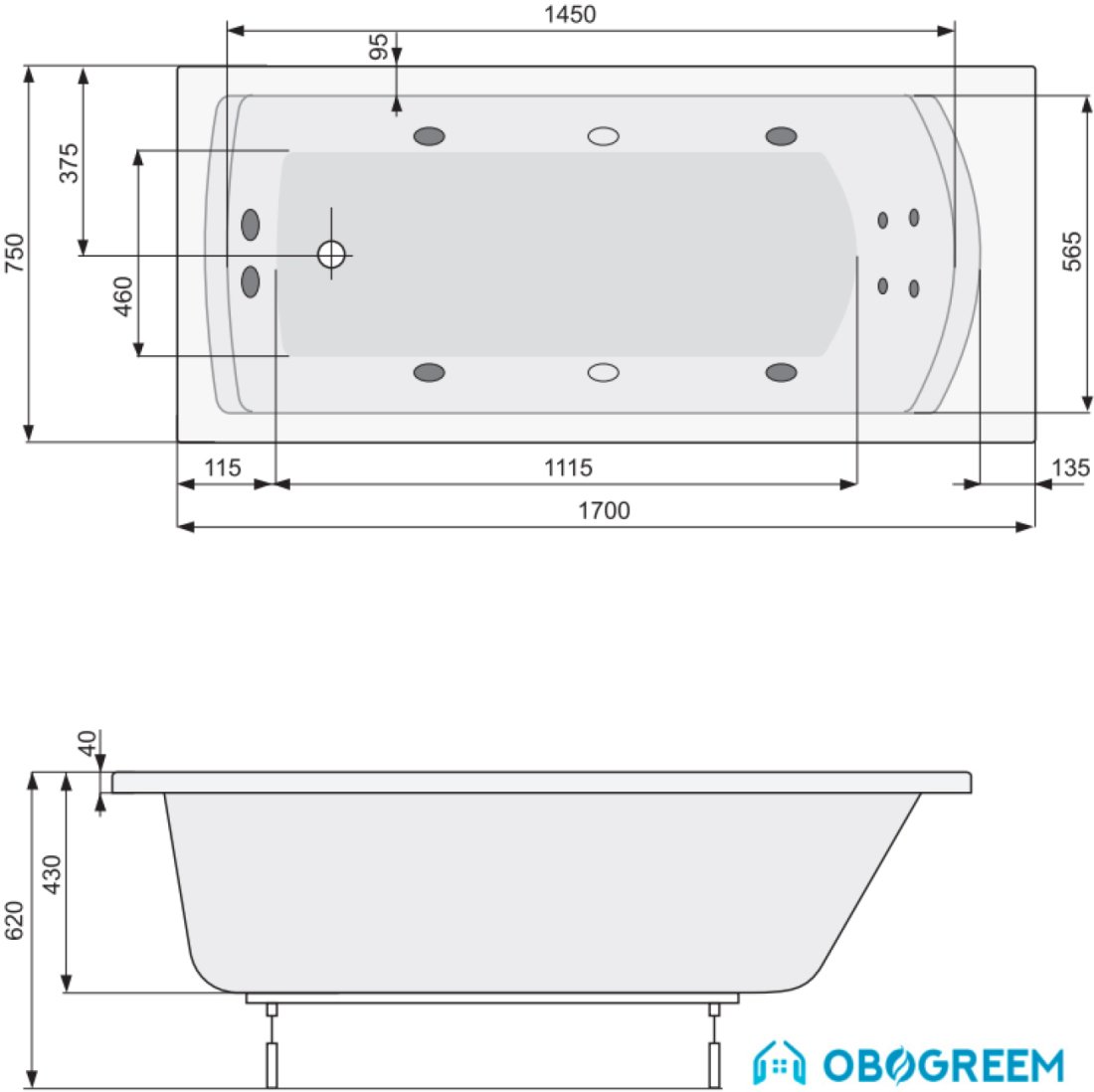 Ванна Poolspa Linea 170x75 Smart 2+ PHPJB10ST2C1960