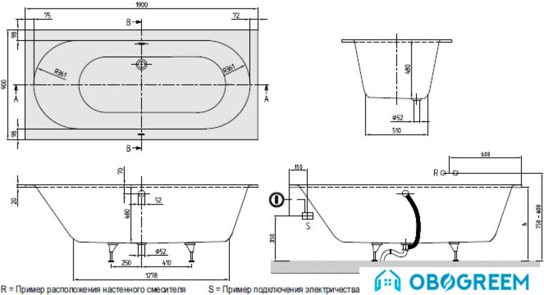 Ванна Villeroy & Boch Oberon (BQ199OBE2V) 190x90