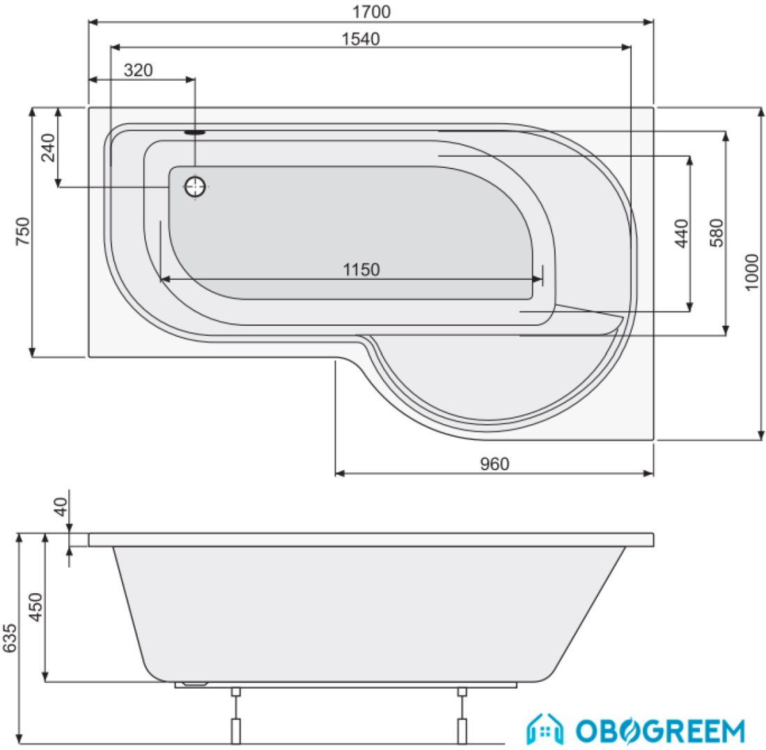 Ванна Poolspa Intea 170x100 L Economy 2 PHAQW10SO2C0000