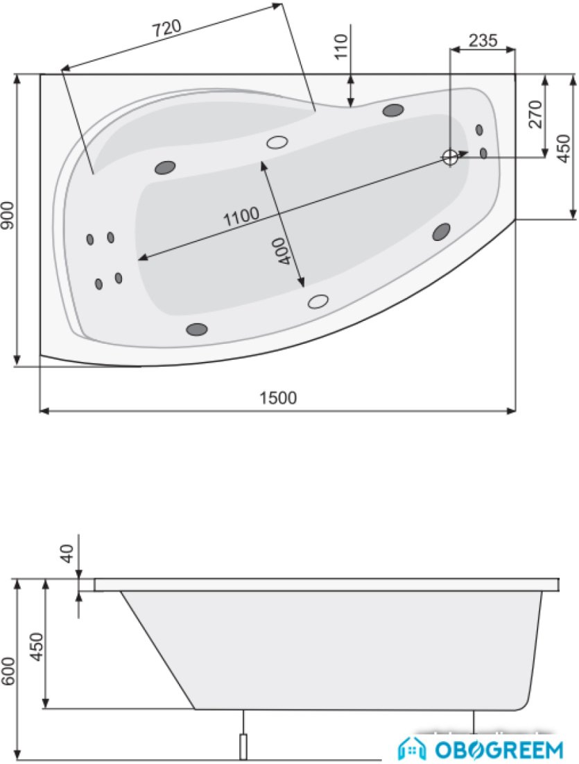 Ванна Poolspa Nicole 150x90 L Titanium PHANM10STTC0000