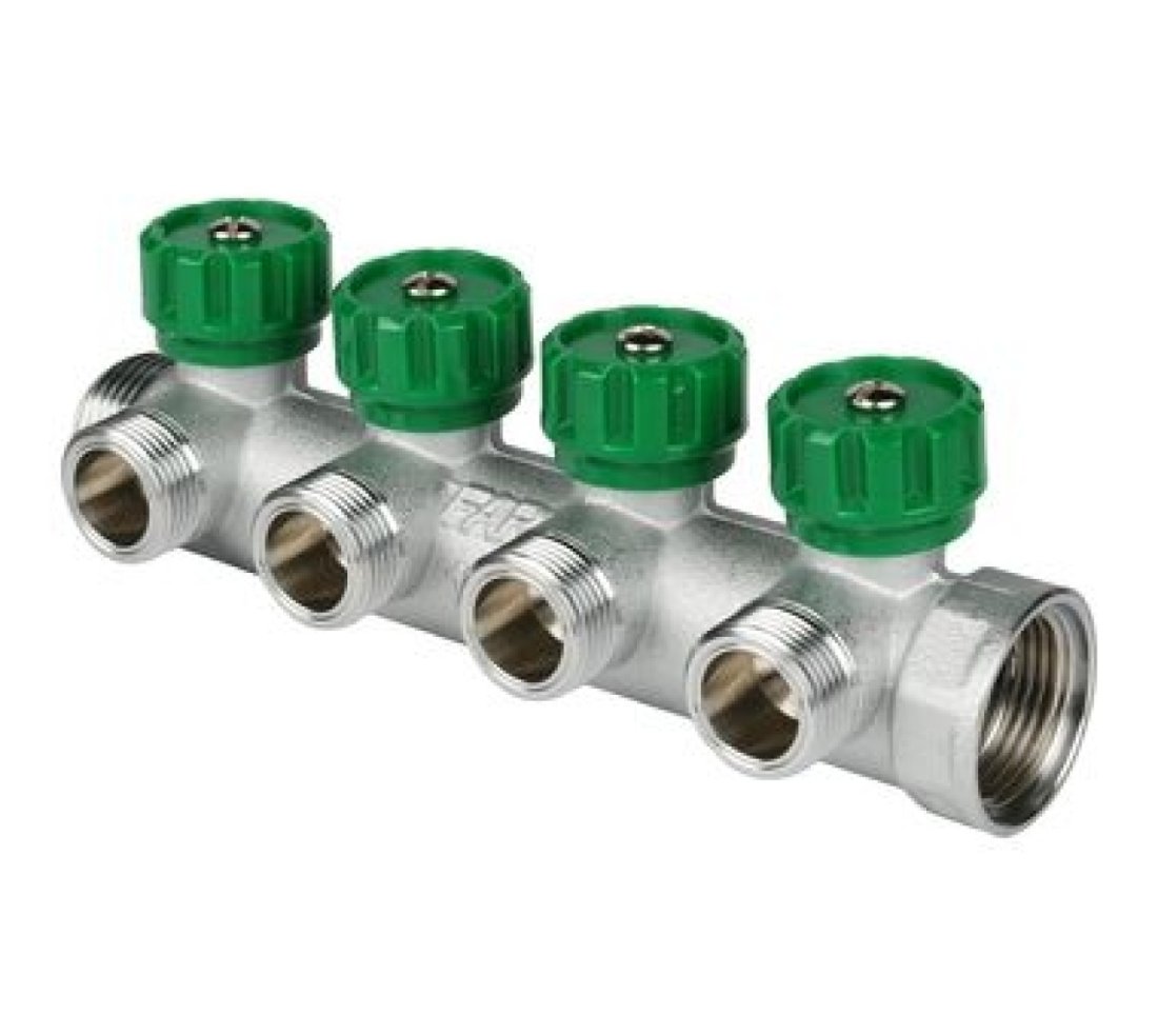 FAR Коллектор распределительный 1", проходной, хромированный, 4 отвода 1/2" ЕК