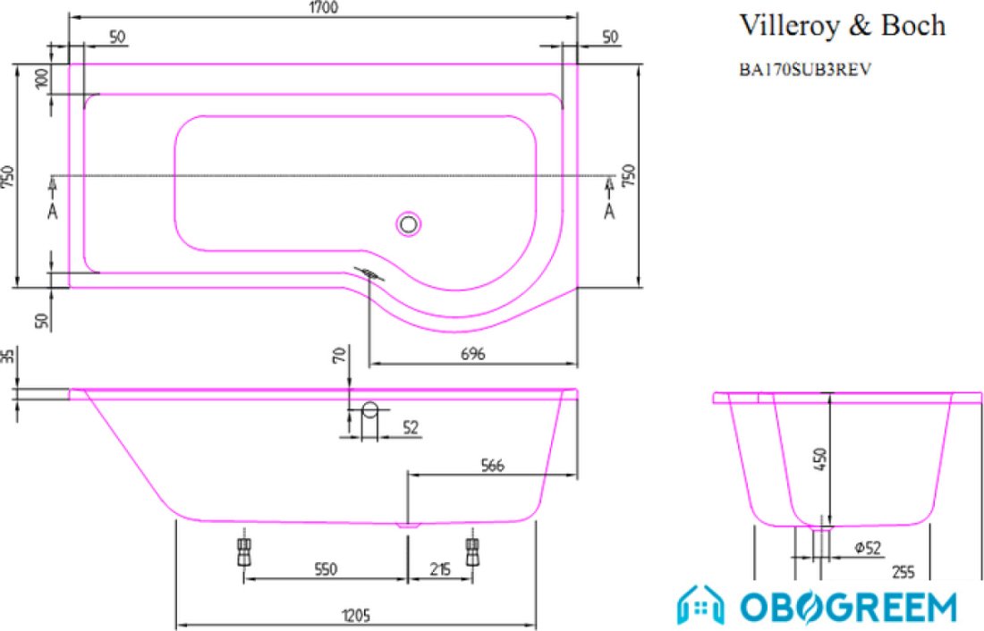 Ванна Villeroy & Boch Subway Right (BA170SUB3REV) 170x75