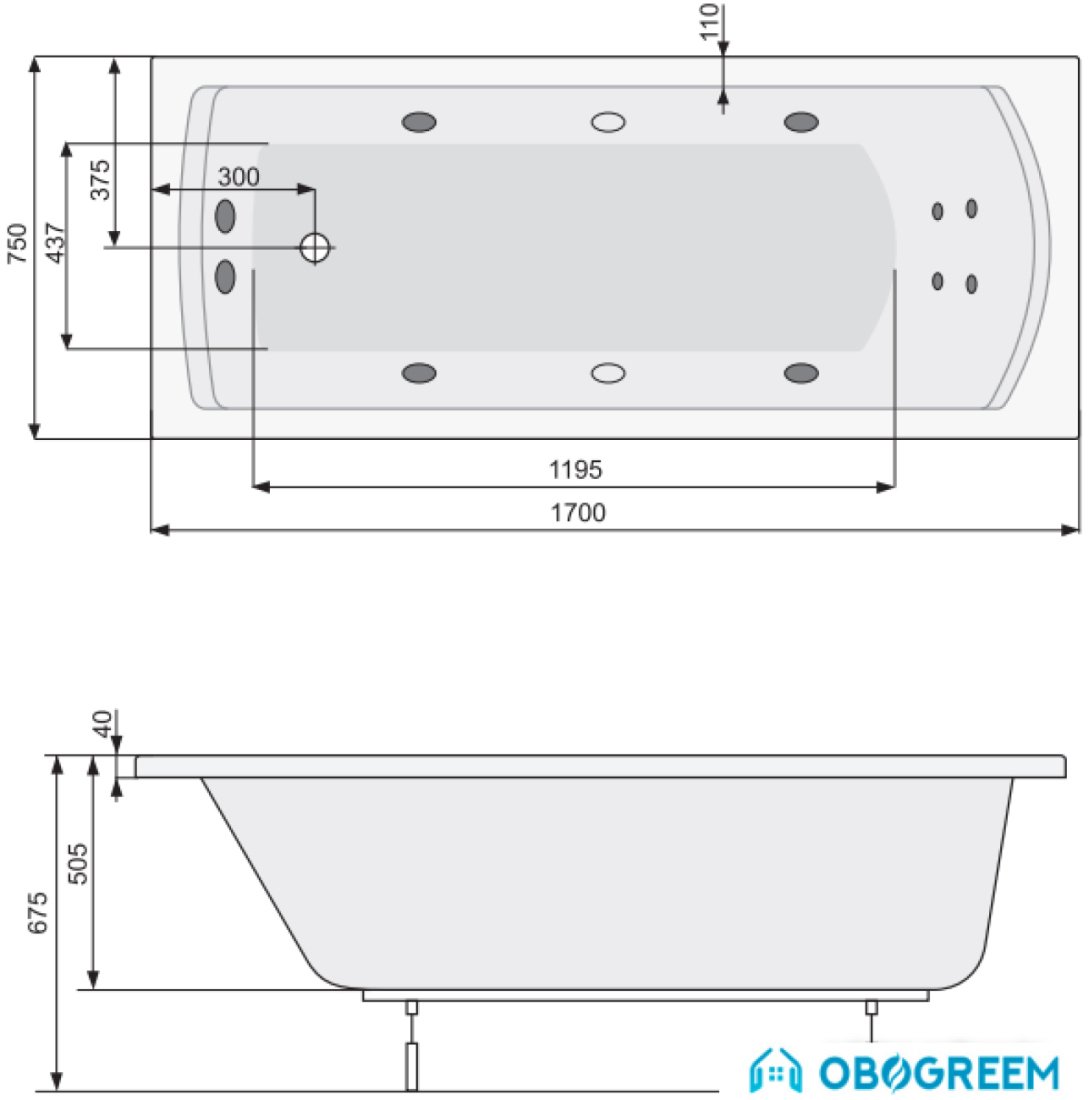 Ванна Poolspa Linea XL 170x75 Smart 2 PHP3G10ST2C0000