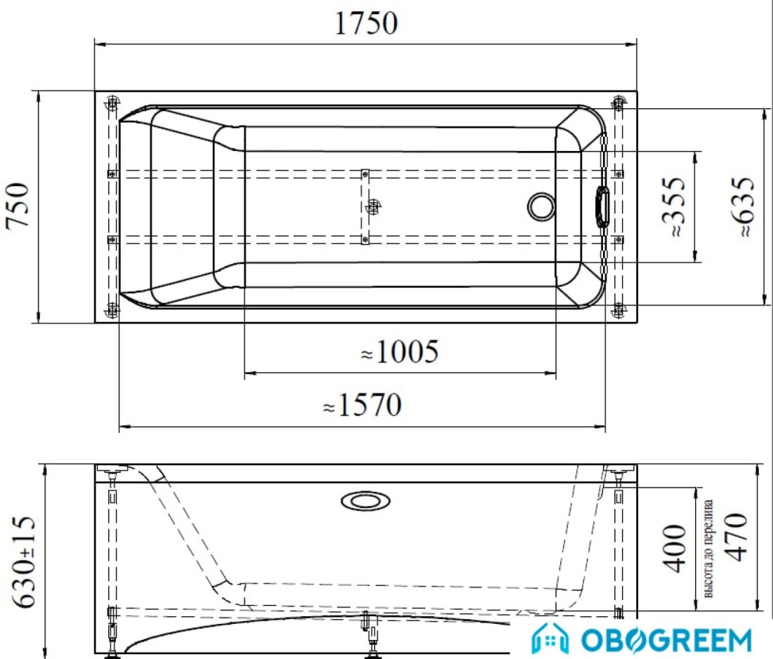 Ванна Radomir Агата 175x75 (с экраном и каркасом)