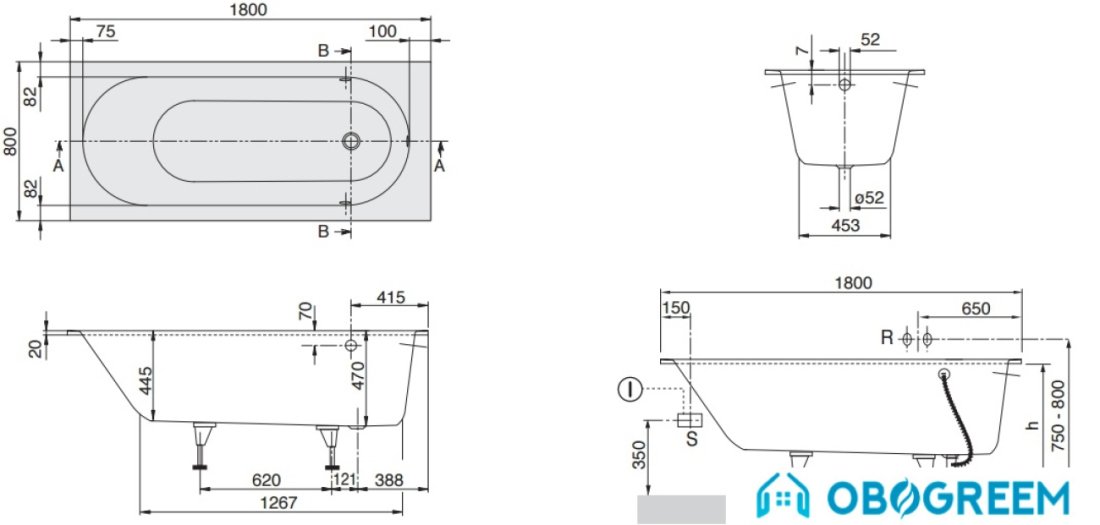 Ванна Villeroy & Boch Oberon 180x80 uBQ170OBE2V-01