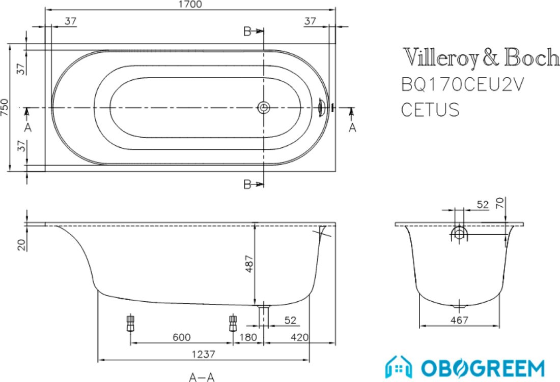 Ванна Villeroy & Boch Cetus 170x75 UBQ170CEU2V-01