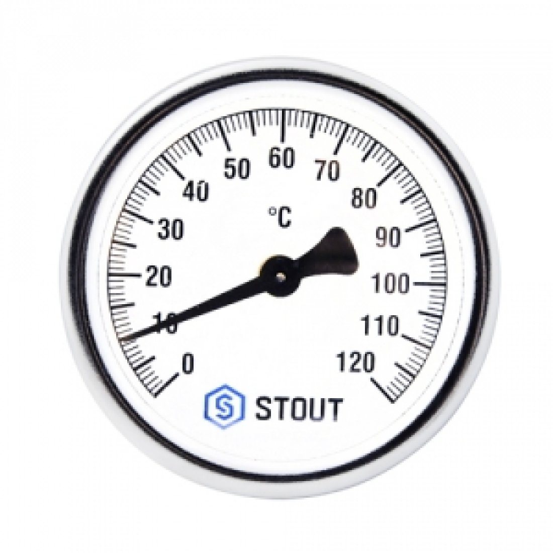Термометр биметаллический аксиальный STOUT - 1/2" (D80 мм, шкала 0-120°C, с погружной гильзой 75 мм)