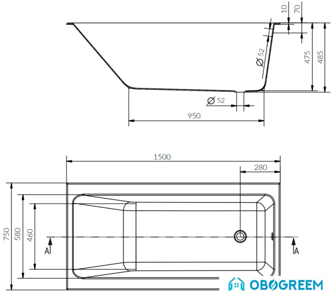 Ванна Cersanit Crea 150x75 (с ножками) WP-CREA*150