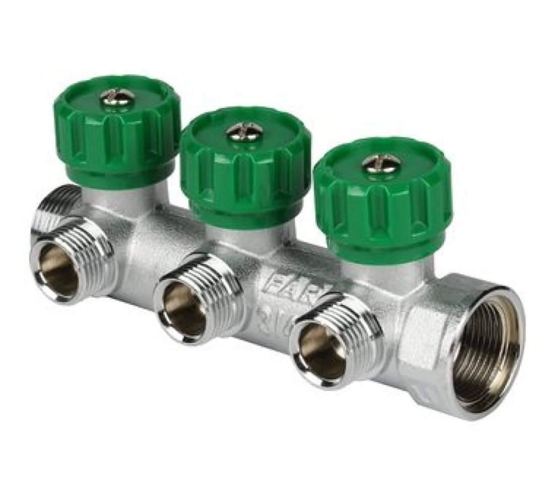 FAR Коллектор распределительный 1", проходной, хромированный, 3 отвода 1/2" ЕК