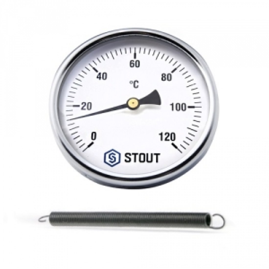 Термометр биметаллический накладной STOUT - 1/2" (D63 мм, шкала 0-120°C, с пружиной)