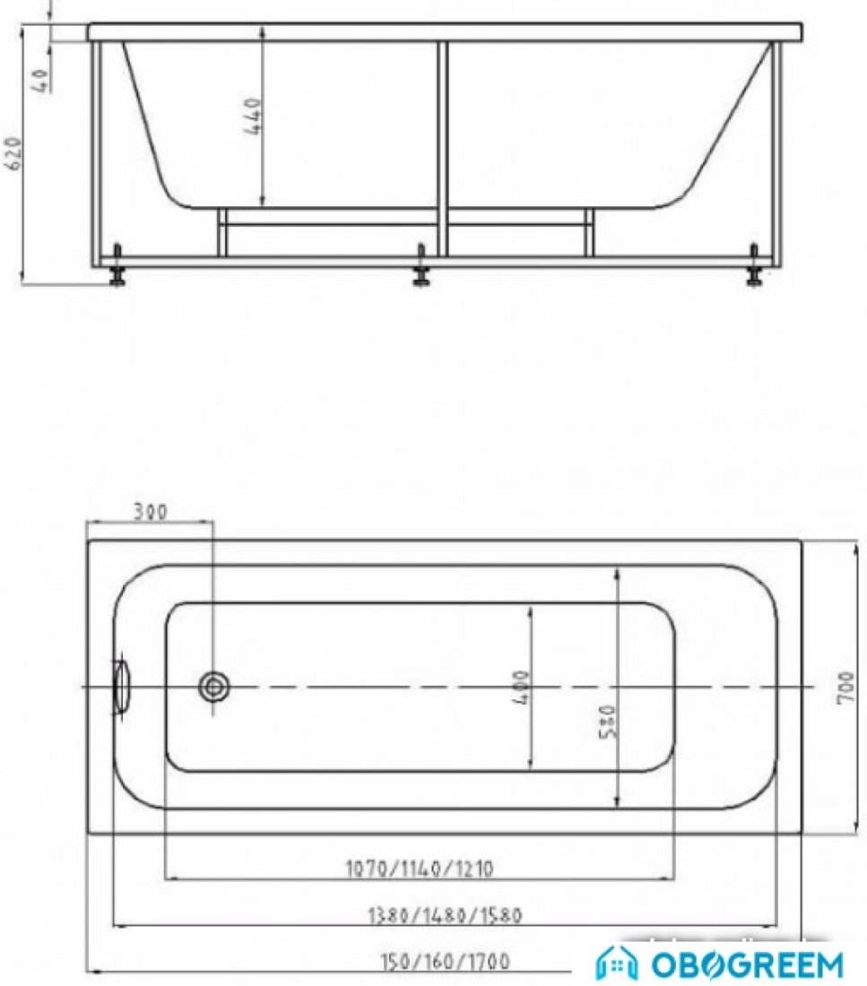 Ванна Aquatek Мия 170x70 (2 экрана и карскас, слив справа)