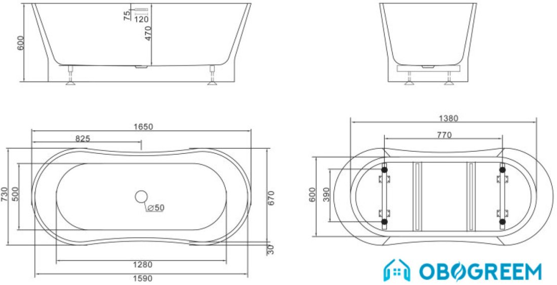 Ванна BelBagno BB406 165x73