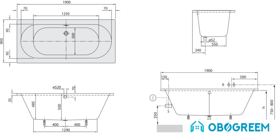 Ванна Villeroy & Boch O.novo 190x90 UBA190CAS2V-01