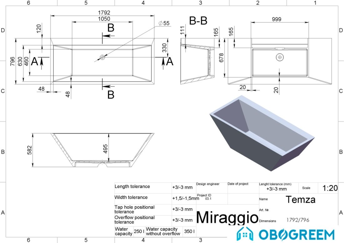Ванна Miraggio Temza 180x80