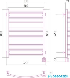 Полотенцесушитель Сунержа Аркус 800x600 правый, скрытое подключение