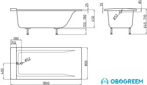 Ванна AquaStone Квадро 180x80